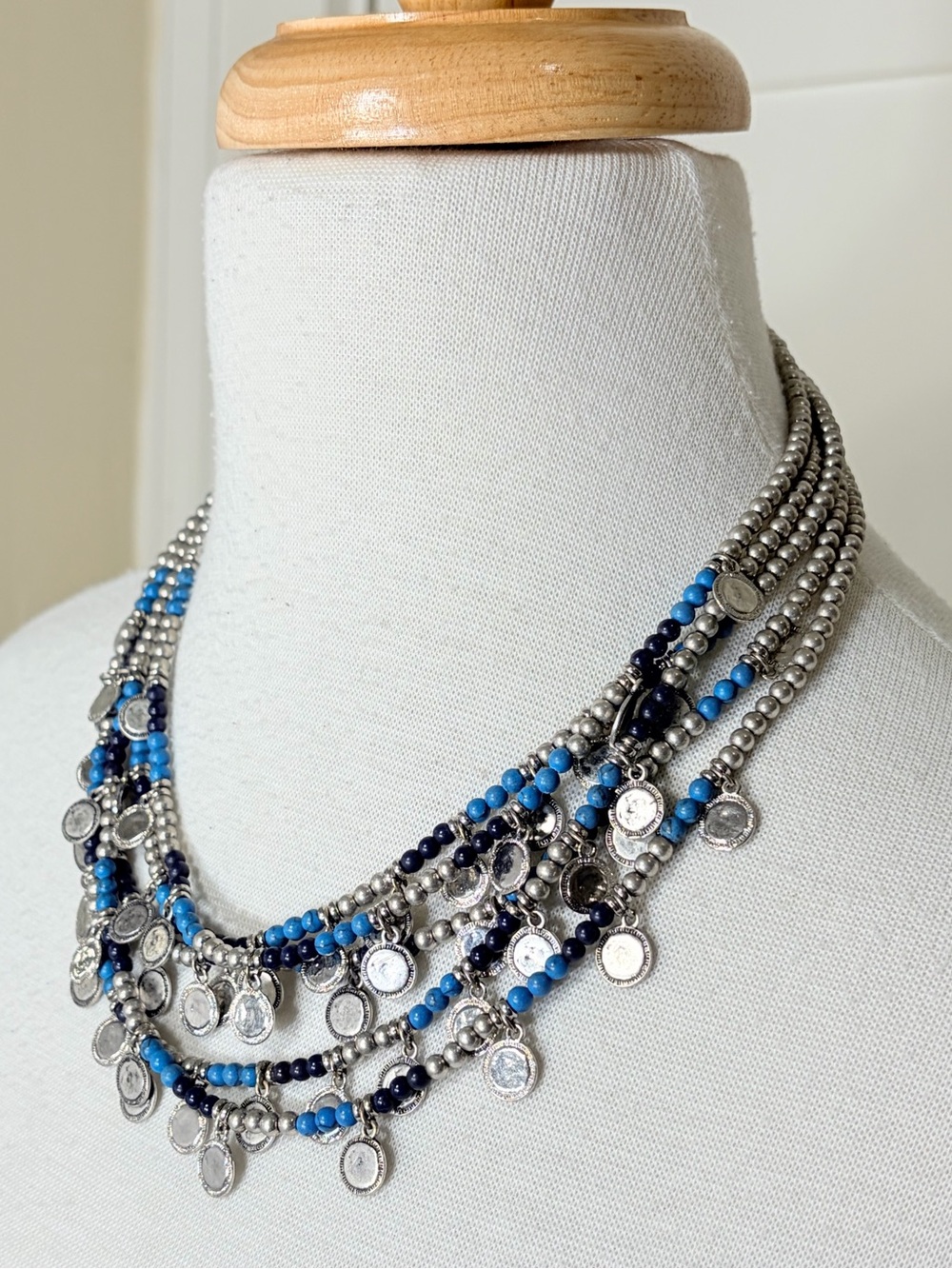 Chico's Silver-Tone Multi-Strand Necklace with Bright and Blue Black Beads